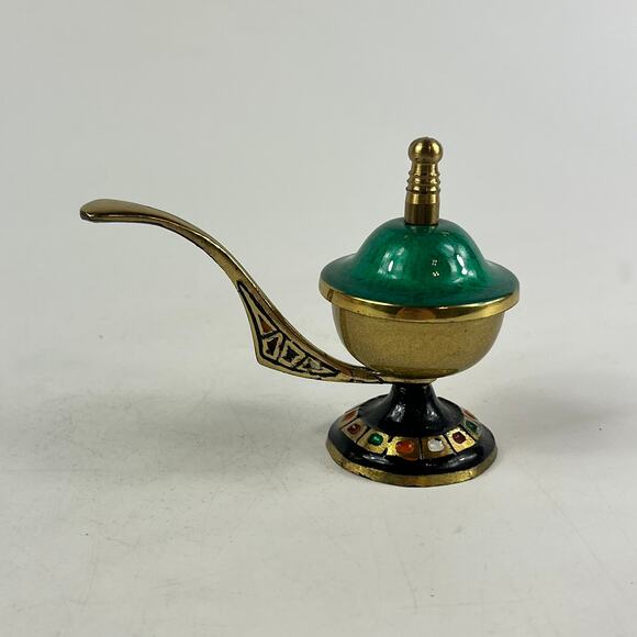 Vtg Brass Enamel Incense Burner Lamp Miniature Handpainted Middle Eastern Decor - Picture 2 of 16